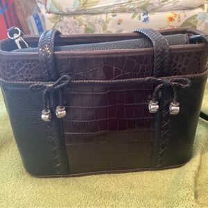 Brighton Pandora Satchel Crocodile Embossed Brown Leather Braided Handle Charms